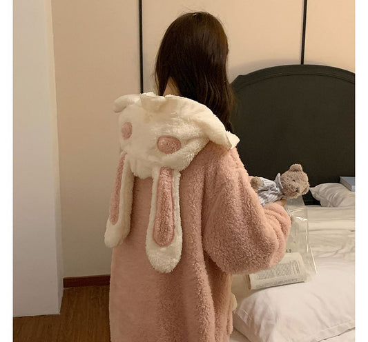 Peignoir de pyjama polaire à capuche avec oreilles de lapin OE16