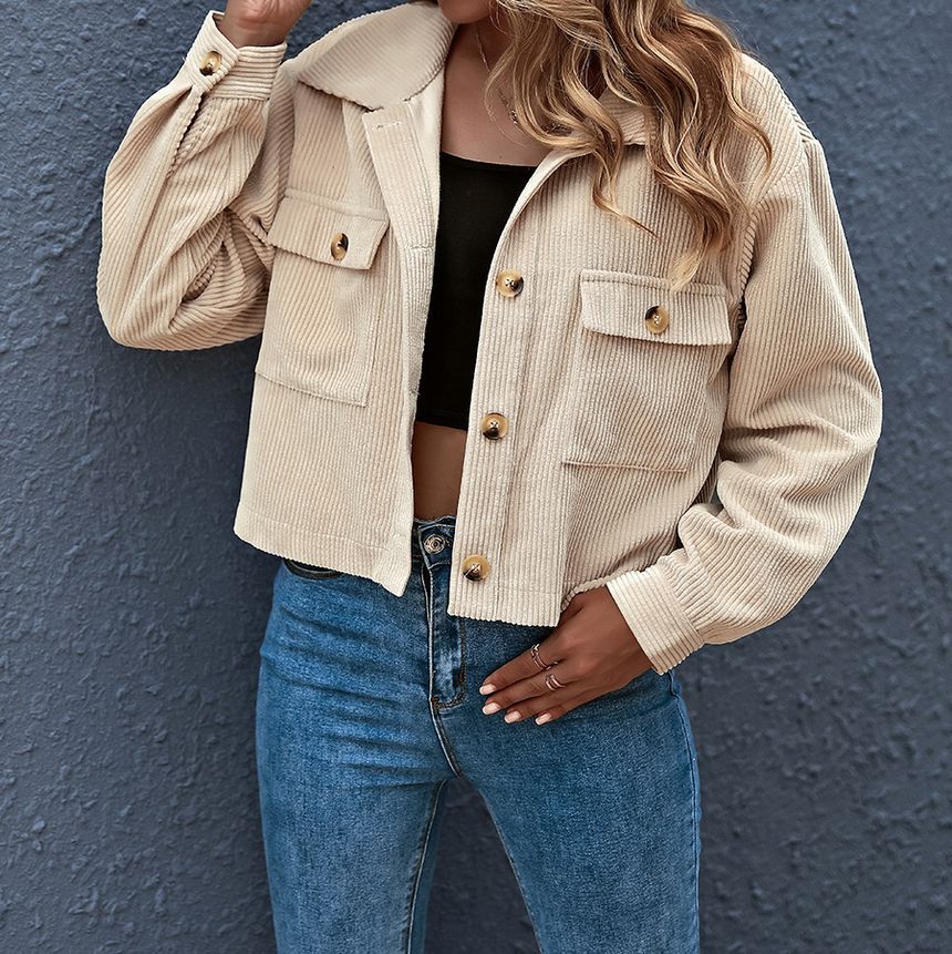 Plain Corduroy Cropped Shirt Jacket OF8