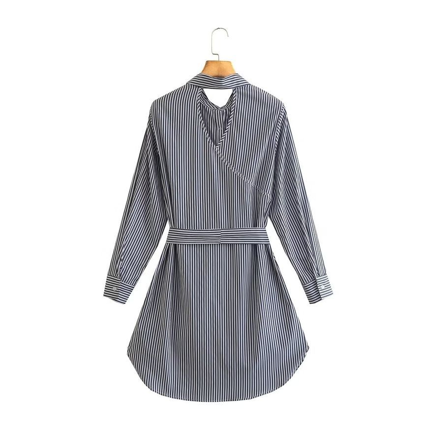 Long-Sleeve Collared Striped Mini Shirt Dress aa27