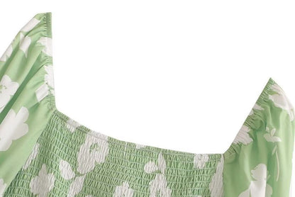 Robe trapèze courte à fleurs et col carré avec manches aux coudes aa26