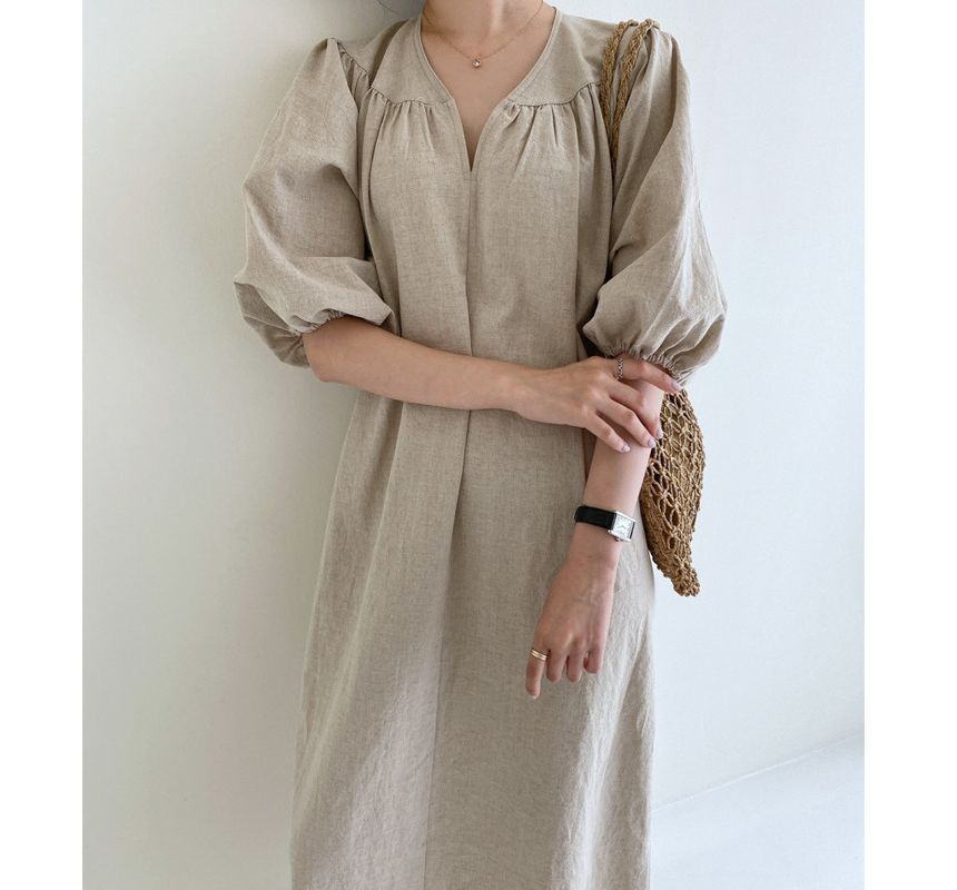 Elbow-Sleeve V-Neck Plain Linen Midi A-Line Dress aa1