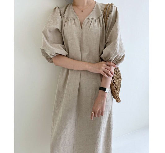 Elbow-Sleeve V-Neck Plain Linen Midi A-Line Dress aa1