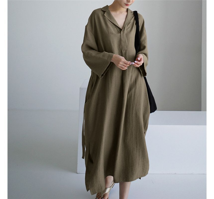 Long-Sleeve Lapel Collar Sashed Plain Half-Button Linen Midi A-Line Dress aa2