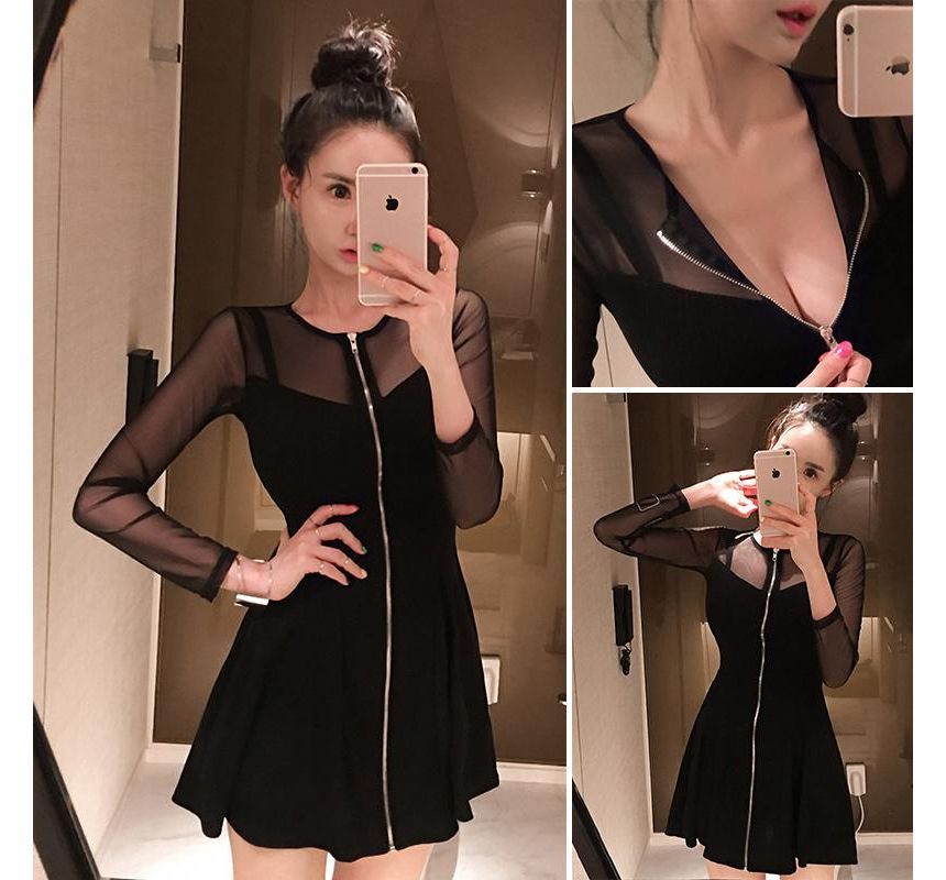 Long-Sleeve Crew Neck Plain Zip-Up Sheer Panel Mini A-Line Dress aa33