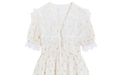 Kurzärmliges A-Linien-Kleid mit V-Ausschnitt und Spitze aa18