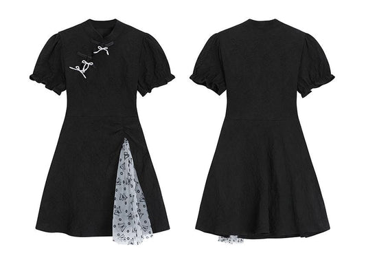 Short-Sleeve Floral Panel Mini A-Line Dress aa15