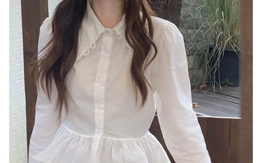 Flared-Cuff Lace Trim Button-Up Shirt / Plain Midi Jumper Dress kk21