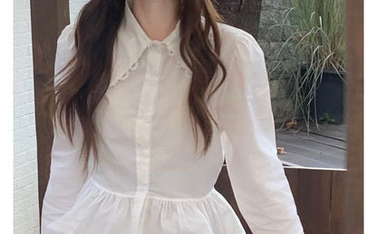 Flared-Cuff Lace Trim Button-Up Shirt / Plain Midi Jumper Dress kk21