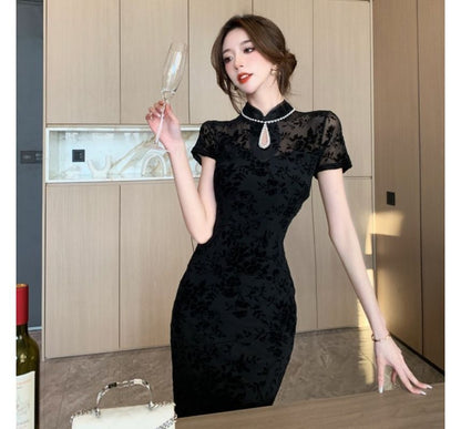Short-Sleeve Floral Jacquard Cutout Midi Bodycon Dress kk35