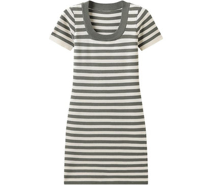 Short-Sleeve Square Neck Striped Midi A-Line Knit Dress kk18