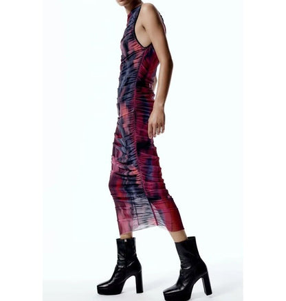 Sleeveless Crew Neck Patterned Midi Sheath Dress kk4