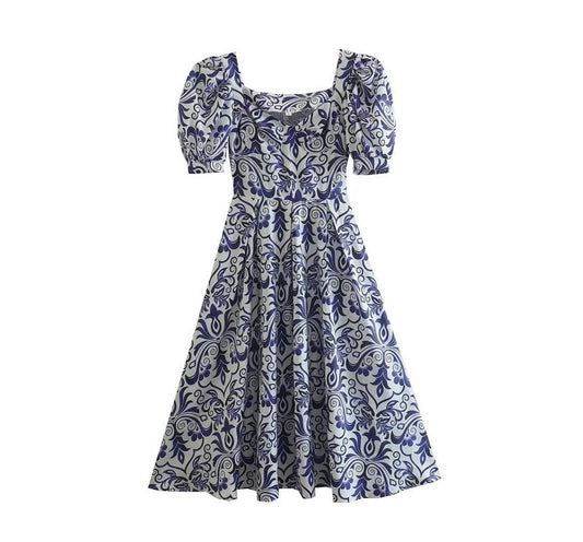 Robe mi-longue trapèze à motifs et manches bouffantes kk9