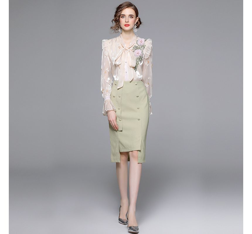 Set: Bow-Neck Ruffle Trim Embroidered Blouse + Plain Midi Pencil Skirt EE10