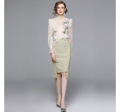 Set: Bow-Neck Ruffle Trim Embroidered Blouse + Plain Midi Pencil Skirt EE10