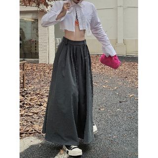 Long-Sleeve Plain Crop Shirt / High Rise Pleated Maxi A-Line Skirt WI30