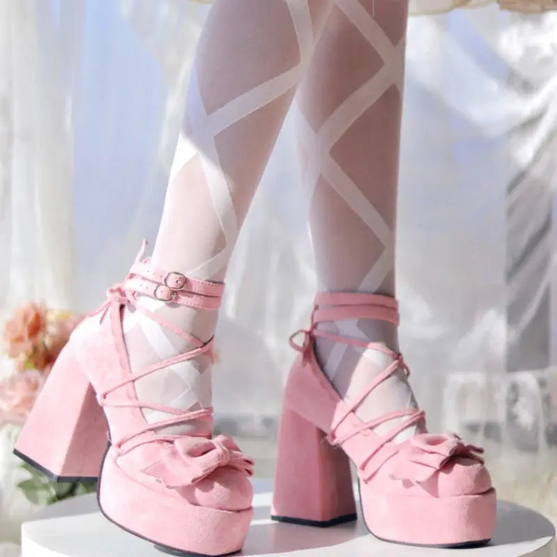 Kawaii Aesthetic Y2K Cute Fairy Lace Up Bowknot Lolita High Heels MK Kawaii Store