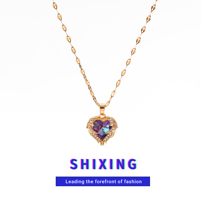 Zircon Heart Pendant Necklace LIN46 - mkkawaiishop