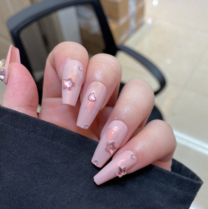 【Customize-made for 35 Days】Pretty Pink Star Heart Diamond Nails - Heartzcore