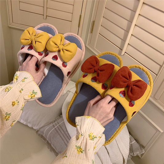 Fluffy Bow Cotton Slippers