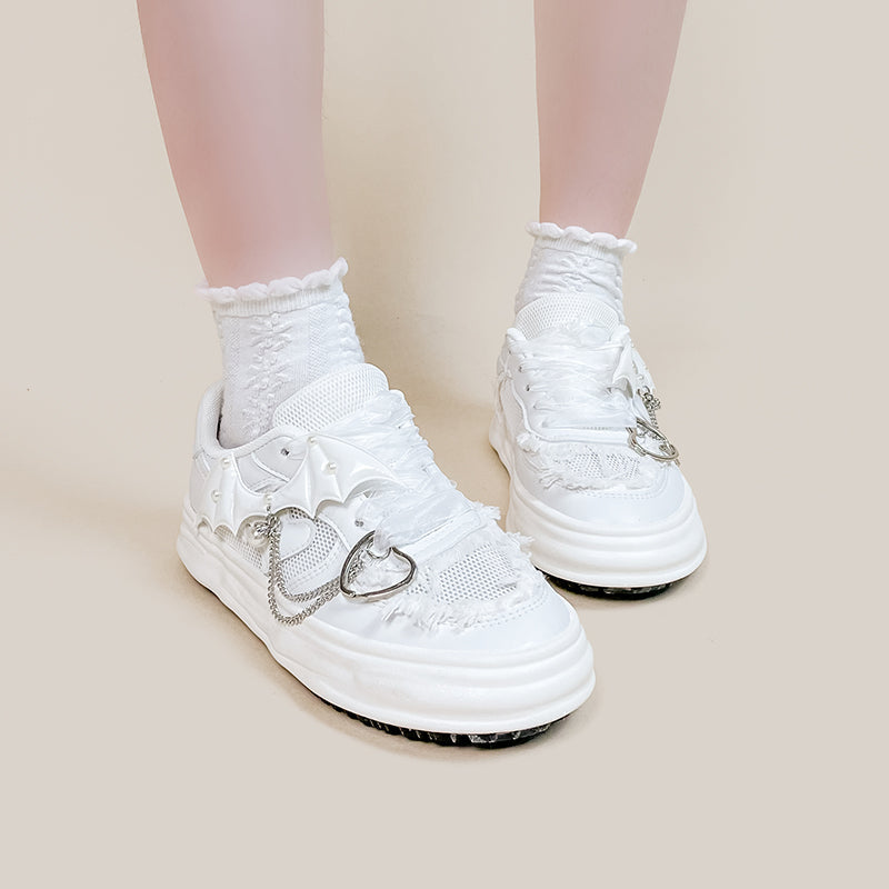 Harajuku Bat Wings Heart Chain White Shoes ON09 - mkkawaiishop