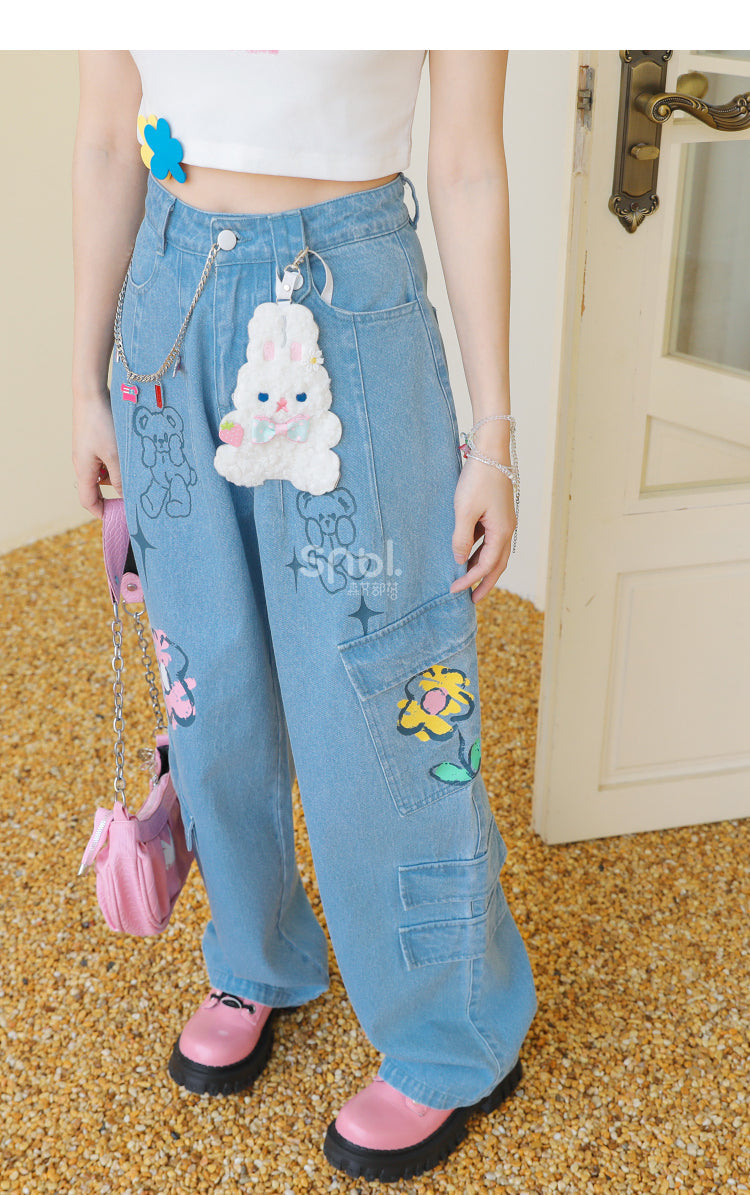 Y2K Style Denim Baggy Blue Bear Pants ON625