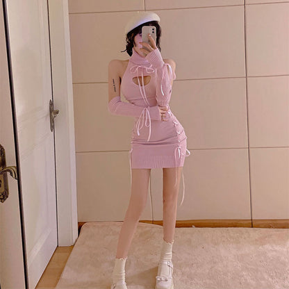 Virgin Killer Sweater Backless Ribbons Sweater Dress