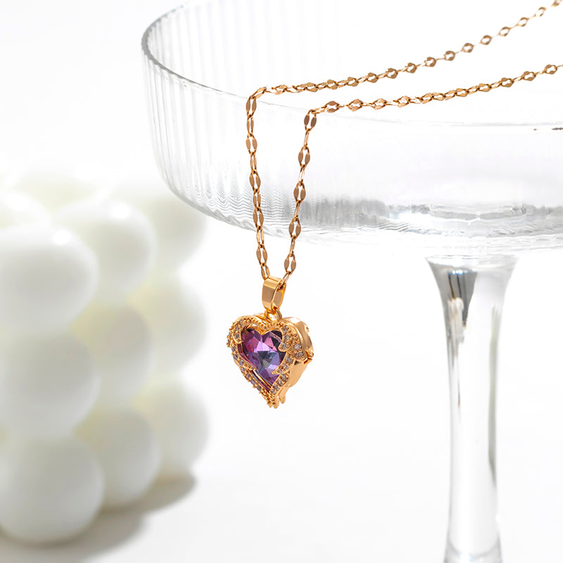 Zircon Heart Pendant Necklace LIN46 - mkkawaiishop