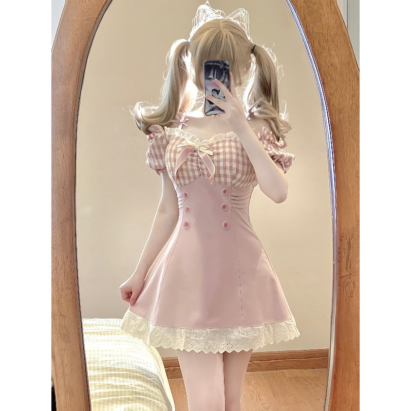 Kawaii Pink Dreamy Checkered Top Lace Dress ON932