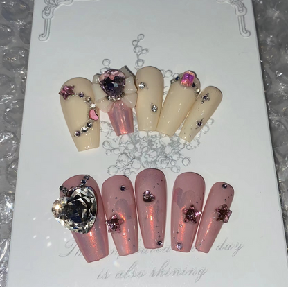【Customize-made for 35 Days】Pretty Pink Star Heart Diamond Nails - Heartzcore