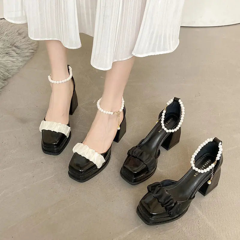 Kawaii Aesthetic Y2K Cute Fairy Pearl Square Toe Mary Jane Lolita Shoes MK Kawaii Store