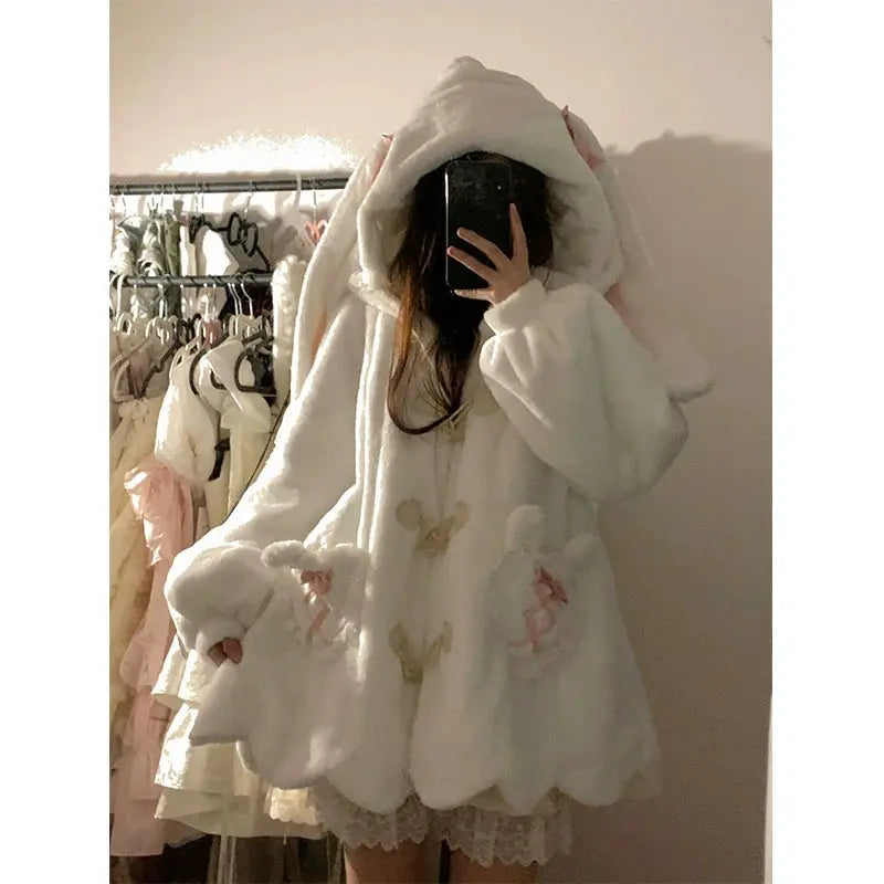 Kawaii Aesthetic Y2K Cute Fairy Rabbit Bunny Ears Plush Coat MK Kawaii Store