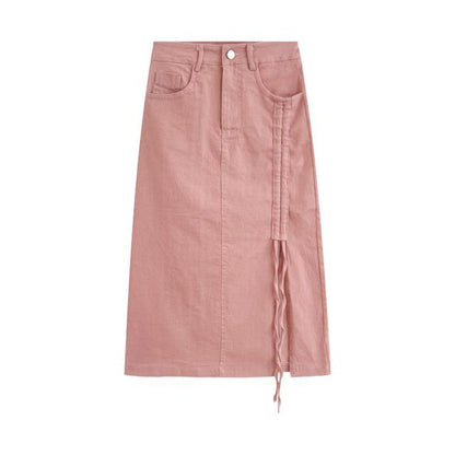 High Waist Drawstring Denim Midi Pencil Skirt EE5