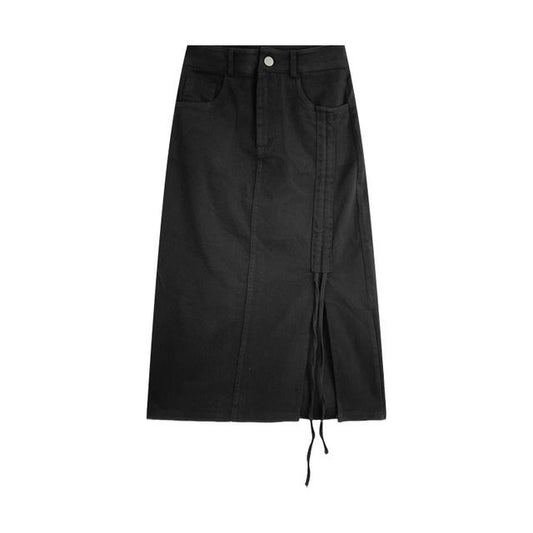 Jupe crayon mi-longue en jean à taille haute avec cordon de serrage EE5