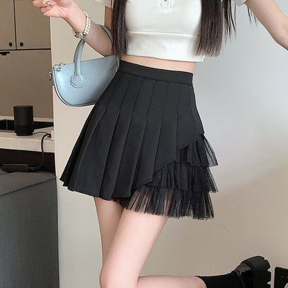 High Rise Pleated Mesh Panel Mini A-Line Skirt EE32