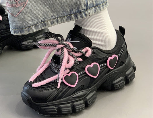 Black Pink Heart Sneakers Shoes