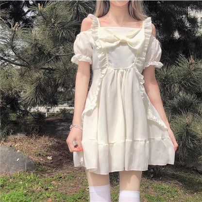Almond Lilly Kawaii Princess Lolita Off-Shoulder Spring Bow Mini Dress - mkkawaiishop