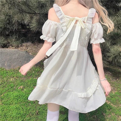 Almond Lilly Kawaii Princess Lolita Off-Shoulder Spring Bow Mini Dress - mkkawaiishop