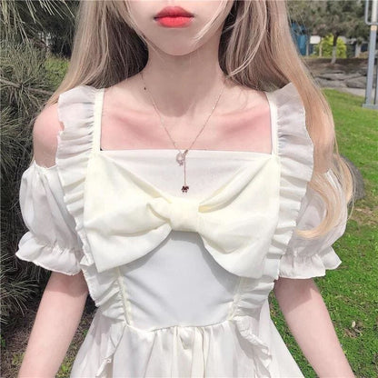 Almond Lilly Kawaii Princess Lolita Off-Shoulder Spring Bow Mini Dress - mkkawaiishop
