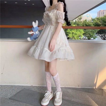 Almond Lilly Kawaii Princess Lolita Off-Shoulder Spring Bow Mini Dress - mkkawaiishop