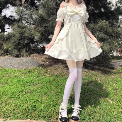 Almond Lilly Kawaii Princess Lolita Off-Shoulder Spring Bow Mini Dress - mkkawaiishop