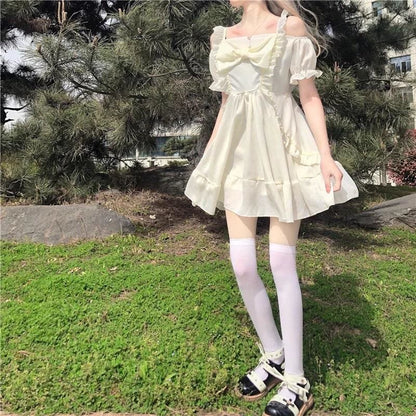 Almond Lilly Kawaii Princess Lolita Off-Shoulder Spring Bow Mini Dress - mkkawaiishop