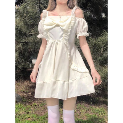 Almond Lilly Kawaii Princess Lolita Off-Shoulder Spring Bow Mini Dress - mkkawaiishop