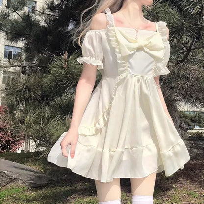 Almond Lilly Kawaii Princess Lolita Off-Shoulder Spring Bow Mini Dress - mkkawaiishop