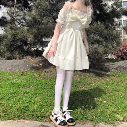 Almond Lilly Kawaii Princess Lolita Off-Shoulder Spring Bow Mini Dress - mkkawaiishop