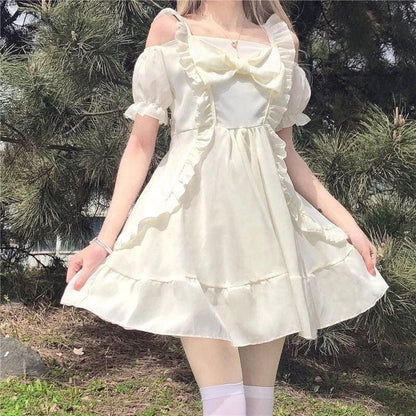 Almond Lilly Kawaii Princess Lolita Off-Shoulder Spring Bow Mini Dress - mkkawaiishop