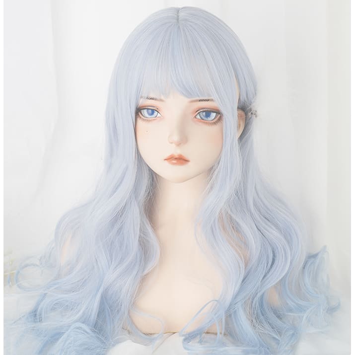 Aqua Blue Gradient Neat Bang Long Curly Wig MK15634 - mkkawaiishop