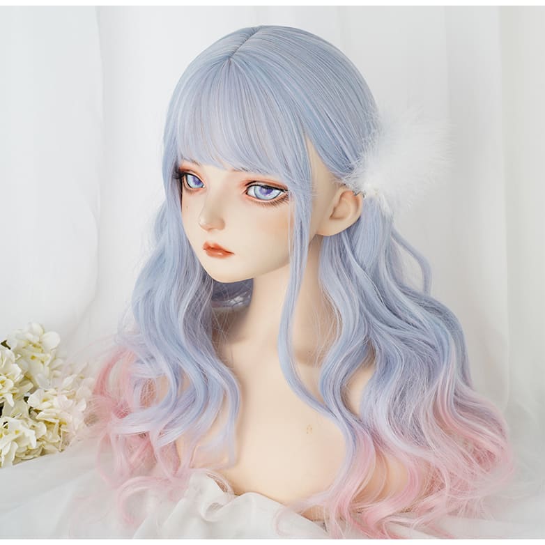 Aqua Blue Gradient Neat Bang Long Curly Wig MK15634 - mkkawaiishop