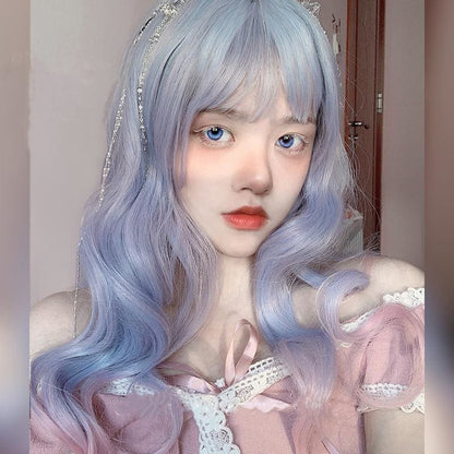 Aqua Blue Gradient Neat Bang Long Curly Wig MK15634 - mkkawaiishop