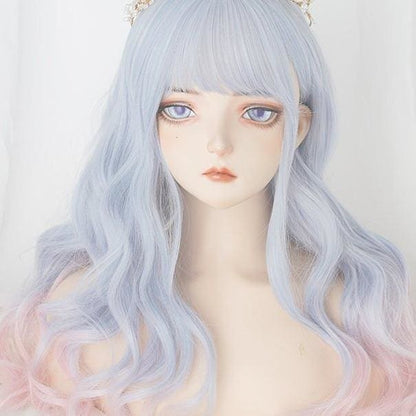 Aqua Blue Gradient Neat Bang Long Curly Wig MK15634 - mkkawaiishop