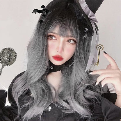 Black Gray Gradient Cute Girl Large Wavy Curl Wig MK15630 - mkkawaiishop